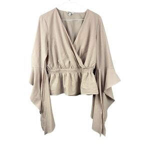 Express Womens Beige Textured Bell Sleeve Wrap Peplum Blouse Top Medium